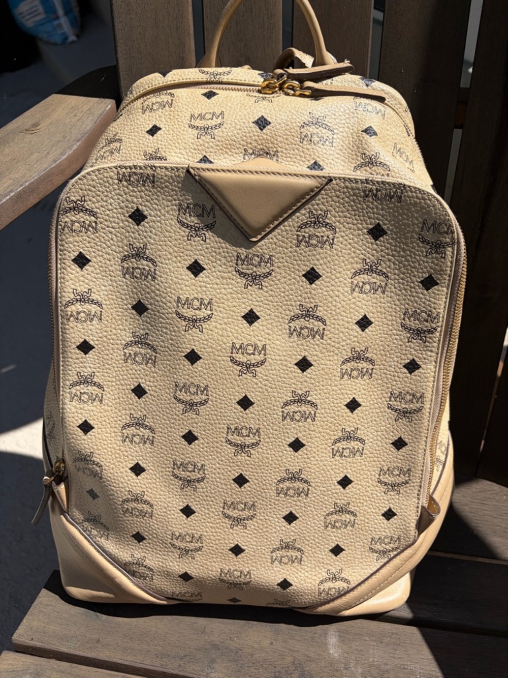 MCM Cognac Beige Monogram Backpack with Black Logos - Picture 2 of 9